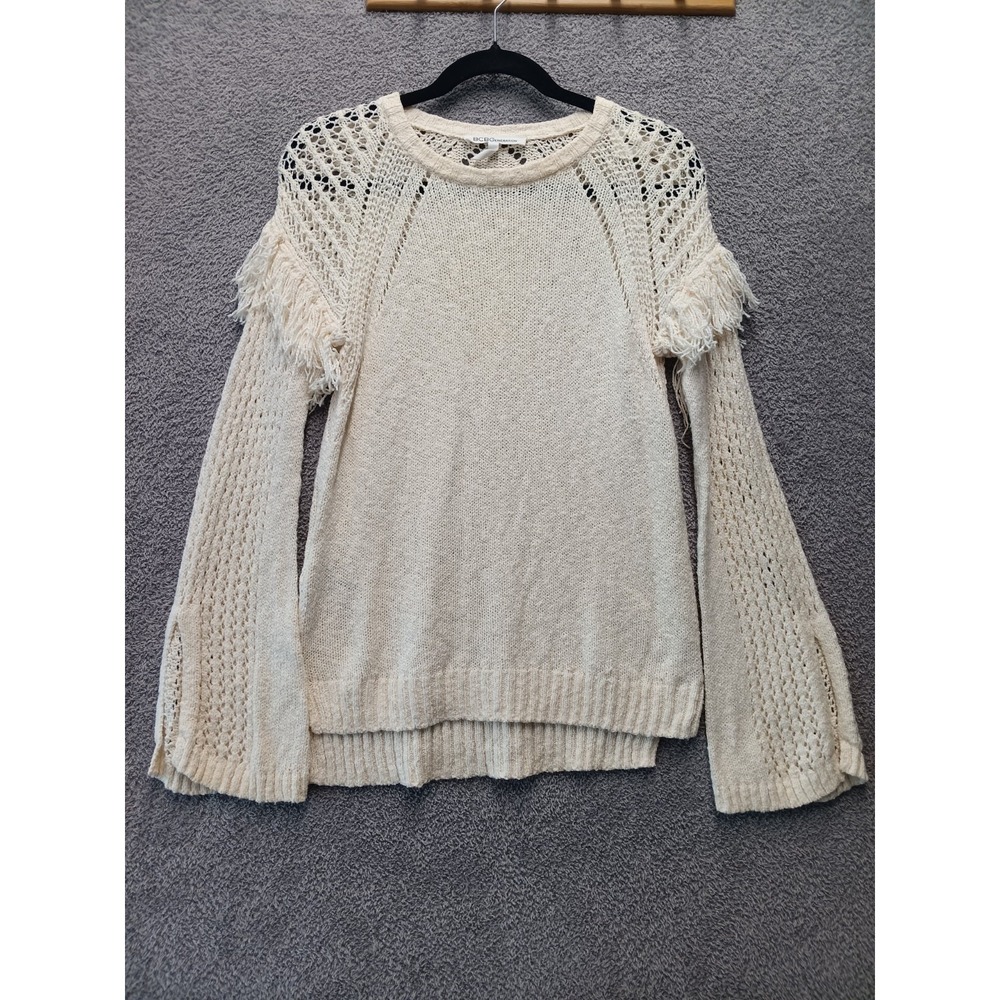 BCBGeneration Crochet Knit Fringe Knit Cream Sweater Boho Festival Textured